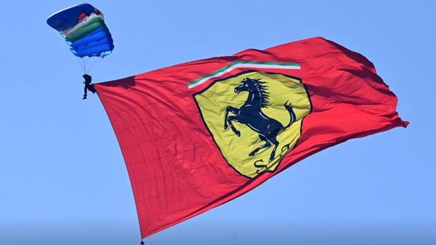 General view of a Ferrari flag being displayed in the sky before the race.(Reuters)