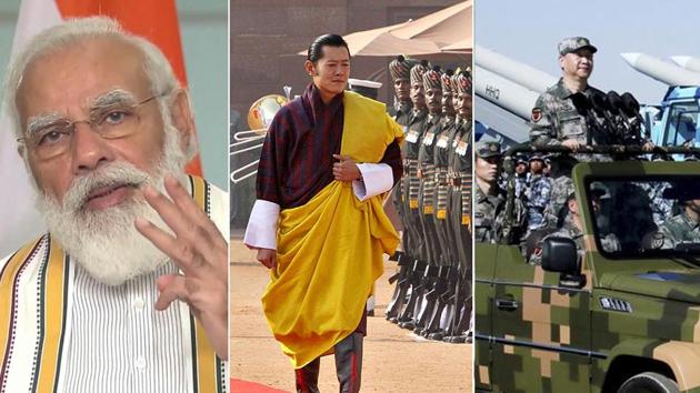 From left to right: Prime Minister Narendra Modi, Bhutan’s ruler and 5th Druk Gyalpo Jigme Khesar Namgyel Wangchuck and Chinese Premier Xi Jinping.(AFP/PTI/ANI)