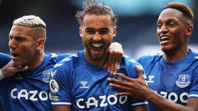 Everton’s Dominic Calvert-Lewin celebrates scoring the first goal with Richarlison and Yerri Mina. (Reuiters) Everton’s Dominic Calvert-Lewin celebrates scoring the first goal with Richarlison and Yerri Mina. (Reuiters)