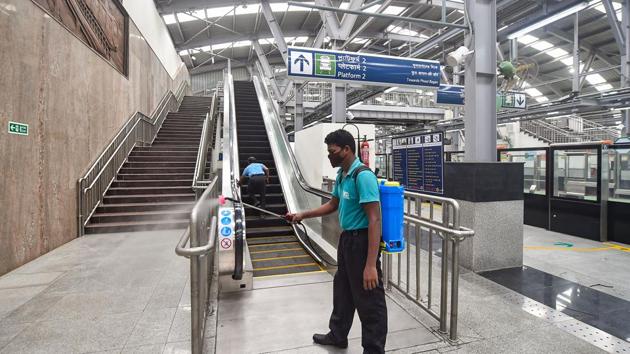 Kolkata Metro stations were sanitised before resumption of services, especially for NEET aspirants.(PTI Photo)