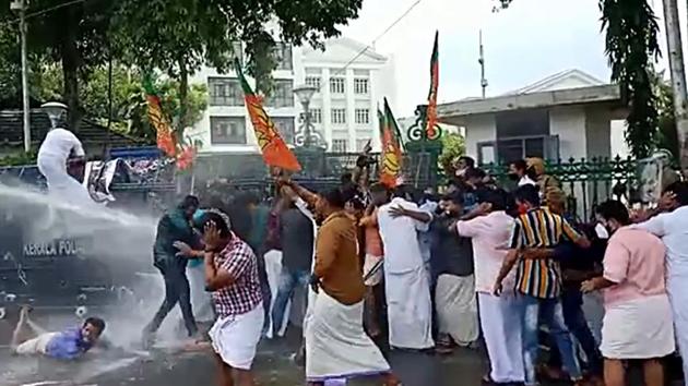 BJP Yuvamorcha protest demanding the resignation of higher education minister KT Jaleel. (ANI Photo)