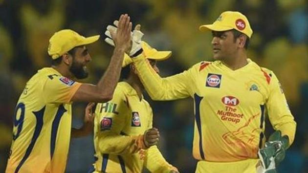 CSK skipper MS Dhoni celebrates his team's victory with teammates in the Indian Premier League 2019 (IPL T20) cricket match between Chennai Super Kings (CSK) and Rajasthan Royals (RR) at MAC Stadium in Chennai, Monday, April 1, 2019.(PTI) CSK skipper MS Dhoni celebrates his team's victory with teammates in the Indian Premier League 2019 (IPL T20) cricket match between Chennai Super Kings (CSK) and Rajasthan Royals (RR) at MAC Stadium in Chennai, Monday, April 1, 2019.(PTI)