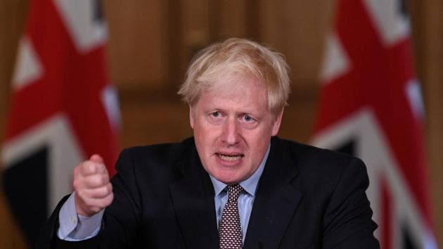 Britain's Prime Minister Boris Johnson speaks during a virtual news conference on the ongoing situation with the coronavirus disease at Downing Street, London.(REUTERS)