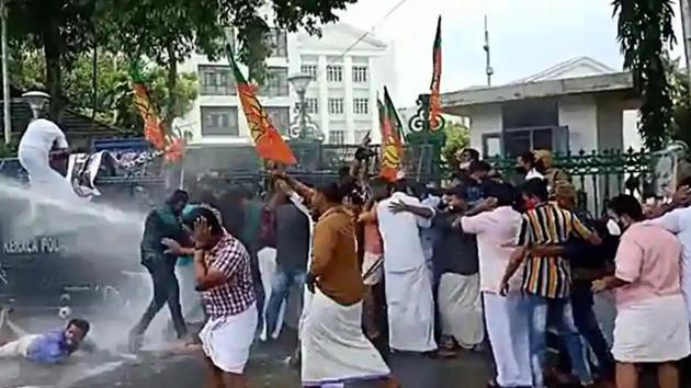 For the third consecutive day, the state witnessed protests seeking the resignation of Kerala higher education minister KT Jaleel. Many opposition party workers were injured in baton-charging.(ANI PHOTO.)