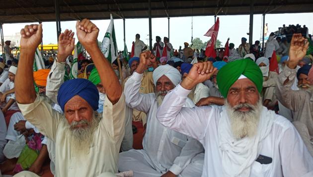 Farmers at the lalkar rally at Barnala’s grain market on Monday.