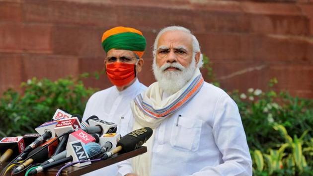 Prime Minister Narendra Modi speaking to the media inside the parliament premises on the first day of the monsoon session in New Delhi on September 14, 2020.(Reuters File Photo)