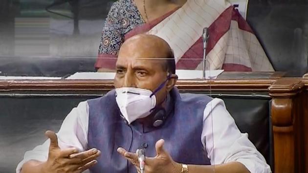 Defence minister Rajnath Singh in the Lok Sabha during the opening day of Parliament's Monsoon Session, amid the ongoing coronavirus pandemic, at Parliament House in New Delhi, Monday, Sept. 14, 2020.(PTI photo)