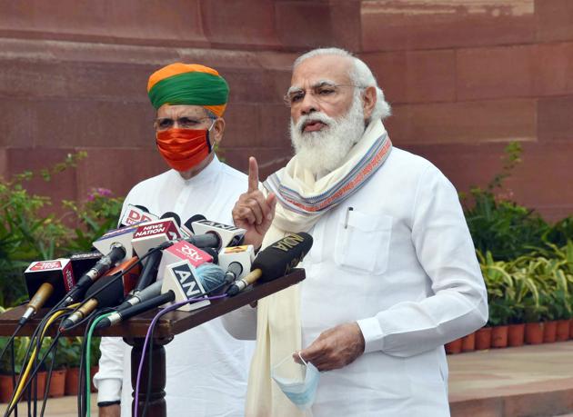 Prime Minister Narendra Modi addressed the media before the commencement of day one of Parliament’s monsoon session in New Delhi on September 14. Modi congratulated all members of parliament who came to attend the session even during the pandemic. (PIB)