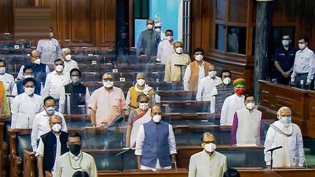 Members of Parliament attending the monsoon session pay tribute to ex President Pranab Mukherjee, legendary Indian classical vocalist Pandit Jasraj and others who passed on this year at Parliament House in New Delhi on September 14. The House met for nearly 20 minutes in the morning and was adjourned for an hour after paying tributes, HT reported. (PTI)