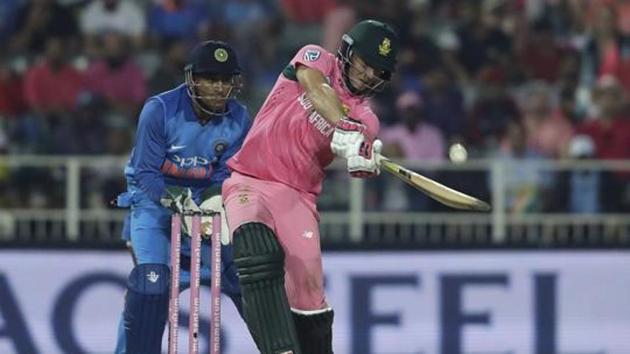 South Africa's batsman David Miller, right, plays a shot as India's wicketkeeper MS Dhoni, watches on during the fourth One-Day International cricket match between South Africa and India at the Wanderers stadium in Johannesburg. (AP) South Africa's batsman David Miller, right, plays a shot as India's wicketkeeper MS Dhoni, watches on during the fourth One-Day International cricket match between South Africa and India at the Wanderers stadium in Johannesburg. (AP)