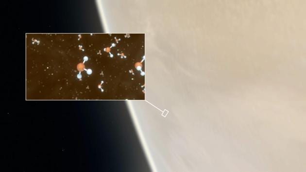A handout photo made available on September 14, 2020 by the European Southern Observatory shows an artistic impression depicting our Solar System neighbour Venus, where scientists have confirmed the detection of phosphine molecules, a representation of which is shown in the inset. (AFP photo) A handout photo made available on September 14, 2020 by the European Southern Observatory shows an artistic impression depicting our Solar System neighbour Venus, where scientists have confirmed the detection of phosphine molecules, a representation of which is shown in the inset. (AFP photo)