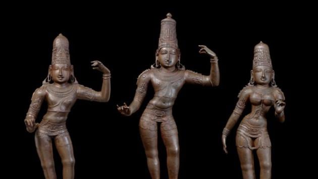 The idols of Lord Ram, Lakshman and Sita, being sent back to Tamil Nadu, were stolen from a temple built in the Vijayanagar period in the Nagapattinam district.(HT photo)