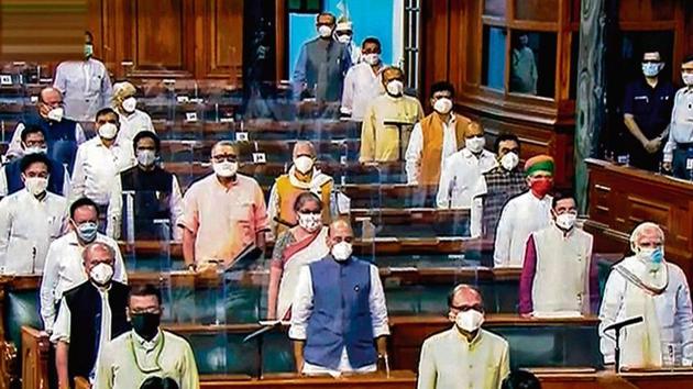 Members of Parliament pay tributes to former President Pranab Mukherjee, legendary Indian classical vocalist Pandit Jasraj and others who passed away this year.(PTI) Members of Parliament pay tributes to former President Pranab Mukherjee, legendary Indian classical vocalist Pandit Jasraj and others who passed away this year.(PTI)