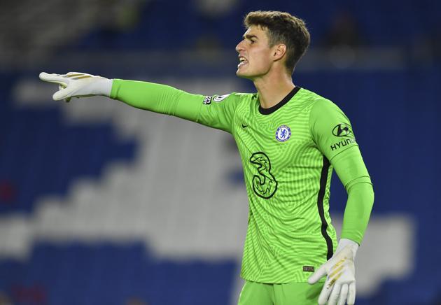 Chelsea's goalkeeper Kepa Arrizabalaga gestures during the English Premier League soccer match between Brighton and Chelsea at Falmer Stadium in Brighton, England.(AP)