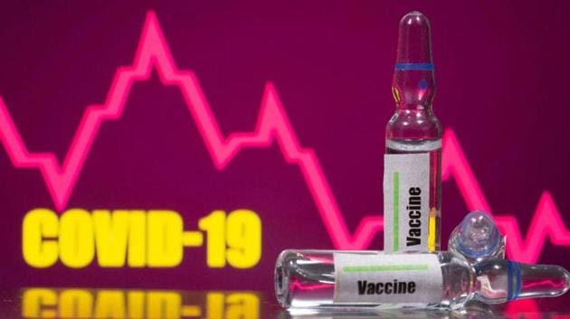 A test tube labelled with the vaccine is seen in front of Covid-19 and stock graph logo.(Reuters File Photo)