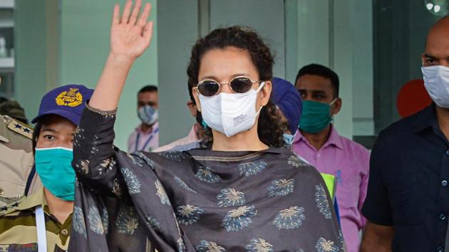 Kangana Ranaut on her arrival at Mohali International Airport, in Punjab, Monday.(PTI) Kangana Ranaut on her arrival at Mohali International Airport, in Punjab, Monday.(PTI)