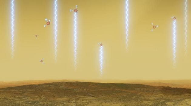 This artistic illustration depicts the Venusian surface and atmosphere, as well as phosphine molecules. These molecules float in the windblown clouds of Venus at altitudes of 55 to 80 km, absorbing some of the millimetre waves that are produced at lower altitudes. They were detected in Venus’s high clouds in data from the James Clerk Maxwell Telescope and the Atacama Large Millimeter/submillimeter Array, in which ESO is a partner.(via REUTERS)