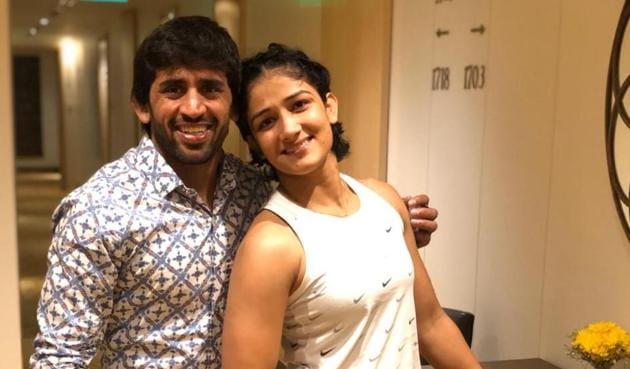 Wrestlers Sangeeta Phogat and Bajrang Punia, who got engaged in a ceremony last November, are waiting for their D-day dates to be fixed.(PHOTO: Twitter)