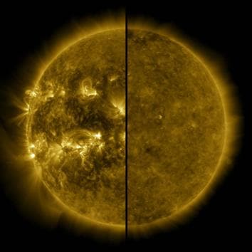 This split image shows the difference between an active Sun during solar maximum (on the left, captured in April 2014) and a quiet Sun during solar minimum (on the right, captured in December 2019). (Photo: Nasa)