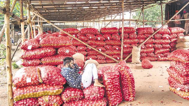 A worker rests on sacks filled with onions at a market, in Pune district, on September 15. The government on Monday banned the export of all varieties of onions with immediate effect to increase availability and curb prices of the bulb in the domestic market.(PTI)