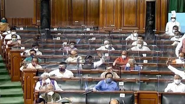 Parliamentarians in the Lok Sabha attend the ongoing Monsoon Session of Parliament, amid the ongoing coronavirus pandemic, in New Delhi on September 15, 2020.(LSTV/PTI Photo) Parliamentarians in the Lok Sabha attend the ongoing Monsoon Session of Parliament, amid the ongoing coronavirus pandemic, in New Delhi on September 15, 2020.(LSTV/PTI Photo)