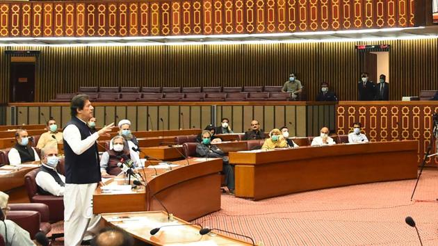 Pakistani Prime Minister Imran Khan addresses the parliament in Islamabad on June 25(AP file)