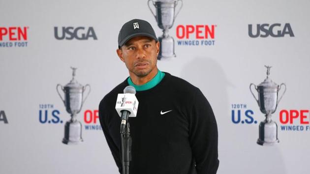 Sep 15, 2020; Mamaroneck, New York, USA; Tiger Woods meets the media after his practice round for the 2020 U.S. Open golf tournament at Winged Foot Golf Club - West. Mandatory Credit: Brad Penner-USA TODAY Sports(USA TODAY Sports)