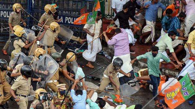 Police baton charge on BJP Yuva Morcha activists during their protest march demanding the resignation of Kerala Minister KT Jaleel in Thiruvananthapuram.(PTI Photo)