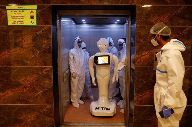 'Mitra' is seen inside a lift of the Yatharth Super Speciality Hospital in Noida, on the outskirts of New Delhi, India, September 15, 2020. (REUTERS)