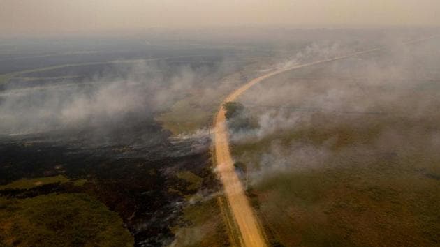 An aerial view showing a fire at the Transpantaneira park road in the Pantanal wetlands, Mato Grosso state, Brazil, on September 14. (Mauro Pimentel / AFP)