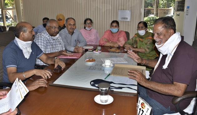 BJP councillors during a meeting with mayor Balkar Sandu in Ludhiana on Thursday. (Harsimar Pal SIngh/HT)