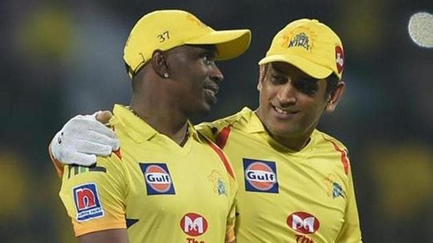 Chennai: CSK skipper MS Dhoni and Dwayne Bravo celebrate their team's win in the Indian Premier League 2019 (IPL T20) cricket match between Chennai Super Kings (CSK) and Rajasthan Royals (RR) at MAC Stadium in Chennai, Monday, April 1, 2019.(PTI)