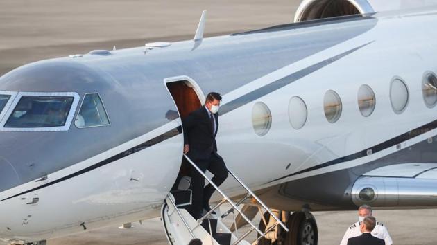 US Under Secretary of State Keith Krach exits a plane upon arrival at the air force base airport in Taipei. Taiwan. Krach is in Taiwan on Thursday for the second visit by a high-level American official in two months, prompting a stern warning and threat of possible retaliation from China.(AP) US Under Secretary of State Keith Krach exits a plane upon arrival at the air force base airport in Taipei. Taiwan. Krach is in Taiwan on Thursday for the second visit by a high-level American official in two months, prompting a stern warning and threat of possible retaliation from China.(AP)