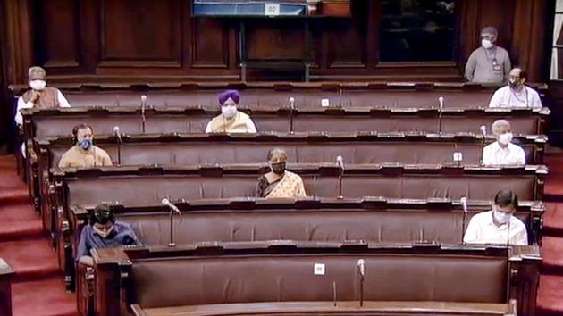 Members of Parliament sitting in the social distance during the Monsoon Session in Rajya Sabha, in New Delhi.(ANI)