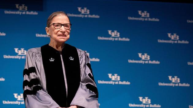 US Supreme Court Justice Ruth Bader Ginsburg smiles during a reception where she was presented with an honorary doctoral degree at the University of Buffalo School of Law in Buffalo, New York.(REUTERS)