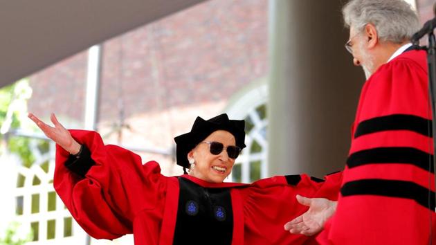 US Supreme Court Justice Ruth Bader Ginsburg (L) turns to hug tenor Placido Domingo after Domingo sang a portion of Ginsburg’s citation for her honorary Doctor of Laws degree, during the 360th Commencement Exercises at Harvard University in Cambridge, Massachusetts on May 26, 2011. In 1956, Ginsburg enrolled at the Harvard Law School. She eventually moved to Columbia University in New York, and graduated in 1959. (Brian Snyder / REUTERS) 