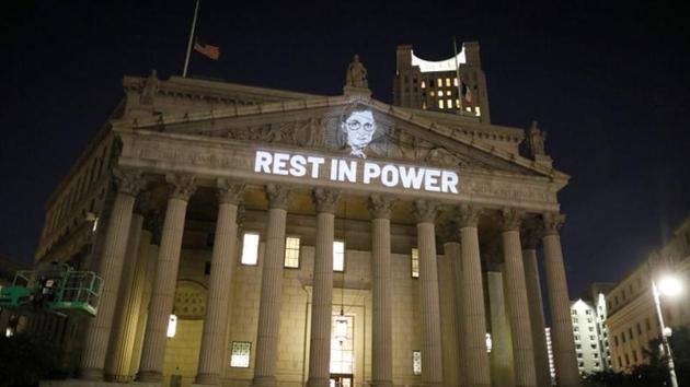 An image of Associate Justice of the Supreme Court of the United States Ruth Bader Ginsburg is projected onto the New York State Civil Supreme Court building in Manhattan, New York City, US.(REUTERS)