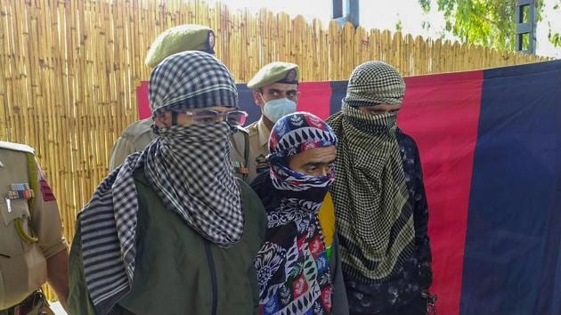 Three LeT terrorists arrested during a counter-insurgency operation in Rajouri district on Saturday.(PTI)