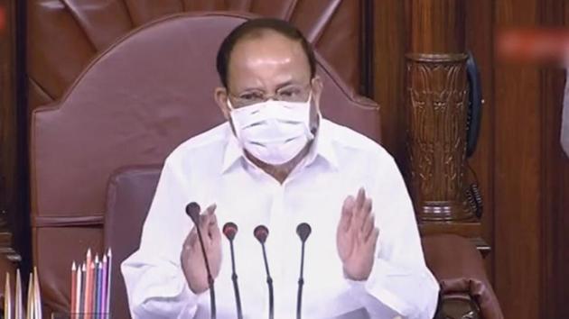 Vice President and Rajya Sabha Chairman M Venkaiah Naidu conducts proceedings in the Rajya Sabha during the ongoing Monsoon Session of Parliament amid the coronavirus pandemic in New Delhi. (PTI PHOTO.) Vice President and Rajya Sabha Chairman M Venkaiah Naidu conducts proceedings in the Rajya Sabha during the ongoing Monsoon Session of Parliament amid the coronavirus pandemic in New Delhi. (PTI PHOTO.)