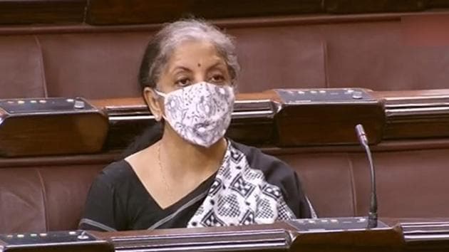 Finance minister Nirmala Sitharaman speaks in the Rajya Sabha on Saturday.(PTI)