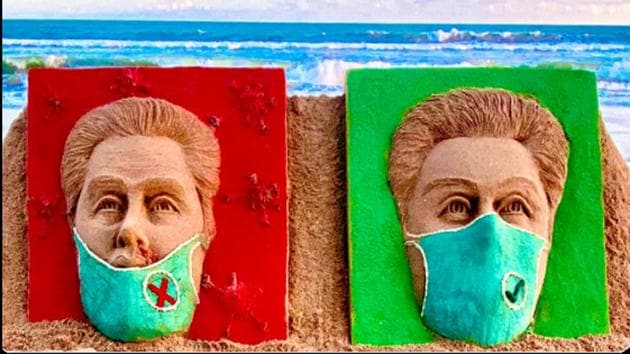 The picture shows two faces with masks on.(Twitter@sudarsansand)