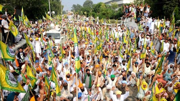 Members of various farmers’ organisations hold a protest over agriculture-related ordinances in Patiala, Punjab on September 19, 2020.(HT Photo) Members of various farmers’ organisations hold a protest over agriculture-related ordinances in Patiala, Punjab on September 19, 2020.(HT Photo)