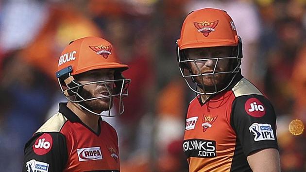 Sunrisers Hyderabad's David Warner, left, and Jonny Bairstow talk between the wickets against Royal Challengers Bangalore during the IPL T20 cricket match in Hyderabad.(AP)