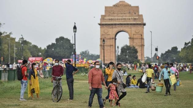 People out at India Gate in New Delhi on September 19. India’s tally of the coronavirus disease (Covid-19) has crossed the 5.4 million mark, the Union Health Ministry’s bulletin showed on September 20. (Biplov Bhuyan / HT Photo) People out at India Gate in New Delhi on September 19. India’s tally of the coronavirus disease (Covid-19) has crossed the 5.4 million mark, the Union Health Ministry’s bulletin showed on September 20. (Biplov Bhuyan / HT Photo)