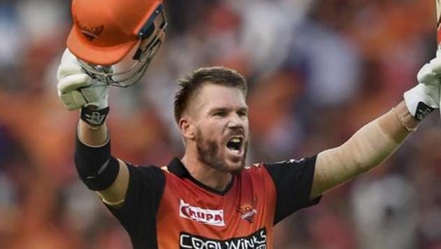 SRH batsman David Warner celebrates after reaching his century during the Indian Premier League 2019.(PTI)