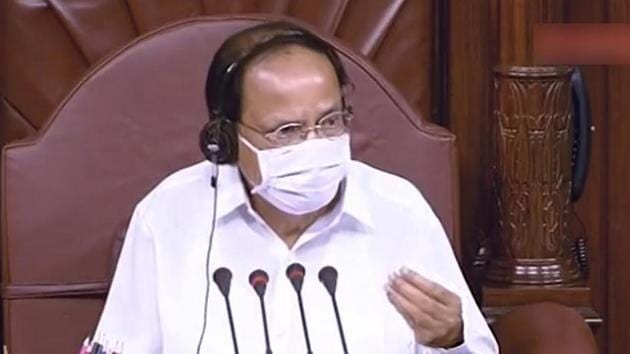 Rajya Sabha Chairman M Venkaiah Naidu speaking during the ongoing Monsoon Session of Parliament amid the coronavirus pandemic in New Delhi.(PTI PHOTO.)