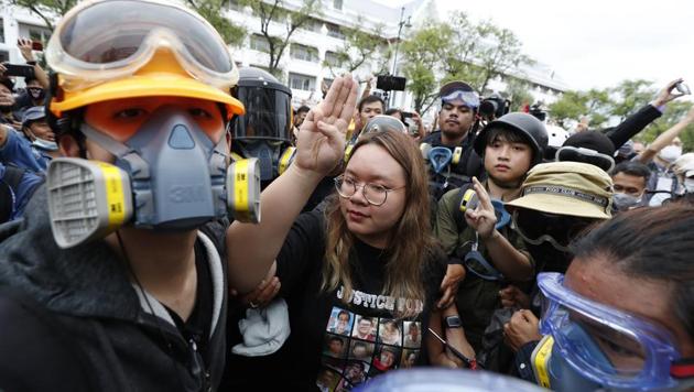 Pro-democracy student leader Panusaya Sithijirawattanakul raises a three-fingers, a symbol of resistance salute, during a protest in Bangkok, Thailand, Sunday, Sept. 20, 2020. (AP photo) Pro-democracy student leader Panusaya Sithijirawattanakul raises a three-fingers, a symbol of resistance salute, during a protest in Bangkok, Thailand, Sunday, Sept. 20, 2020. (AP photo)