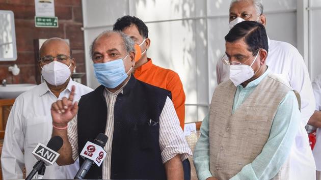 New Delhi: Union Minister Narendra Singh Tomar flanked by Union Ministers Thawar Chand Gehlot and Pralhad Joshi addresses the media after the passing of two farm bills in the Rajya Sabha during the ongoing Monsoon Session, at Parliament House in New Delhi (PTI) New Delhi: Union Minister Narendra Singh Tomar flanked by Union Ministers Thawar Chand Gehlot and Pralhad Joshi addresses the media after the passing of two farm bills in the Rajya Sabha during the ongoing Monsoon Session, at Parliament House in New Delhi (PTI)