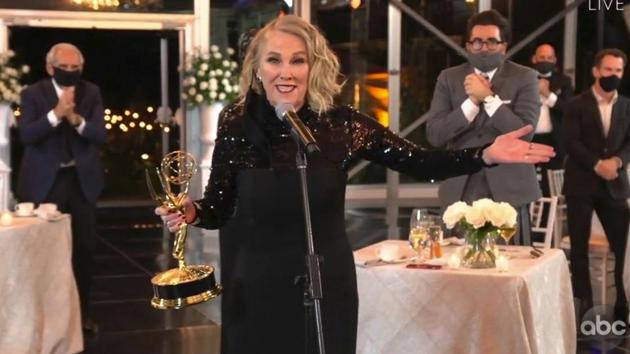 Catherine O'Hara accepts the first award of the evening, for Outstanding Lead Actress in a Comedy Series for ‘Schitt's Creek’ during the 72nd Emmy Awards broadcast. (AP)