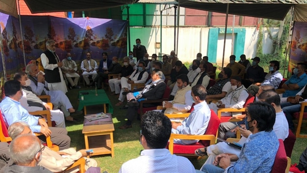 PDP leaders meeting at the party office on Monday in Srinagar for the first time since August 5, 2019.(HT PHOTO)